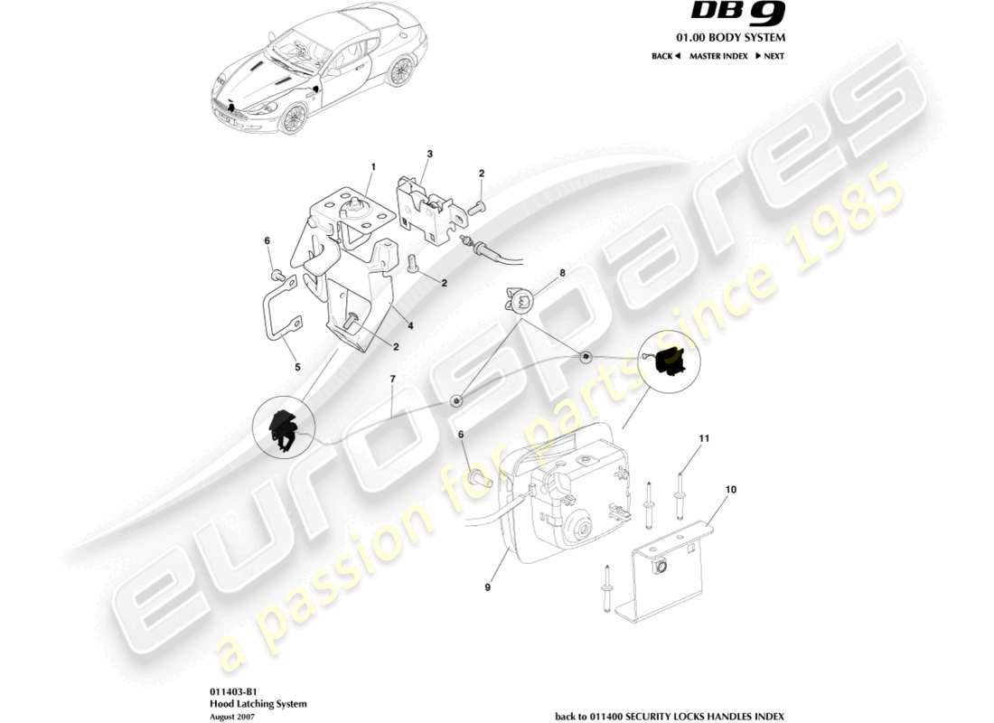 aston martin db9 (2007) teilediagramm des motorhaubenverriegelungssystems