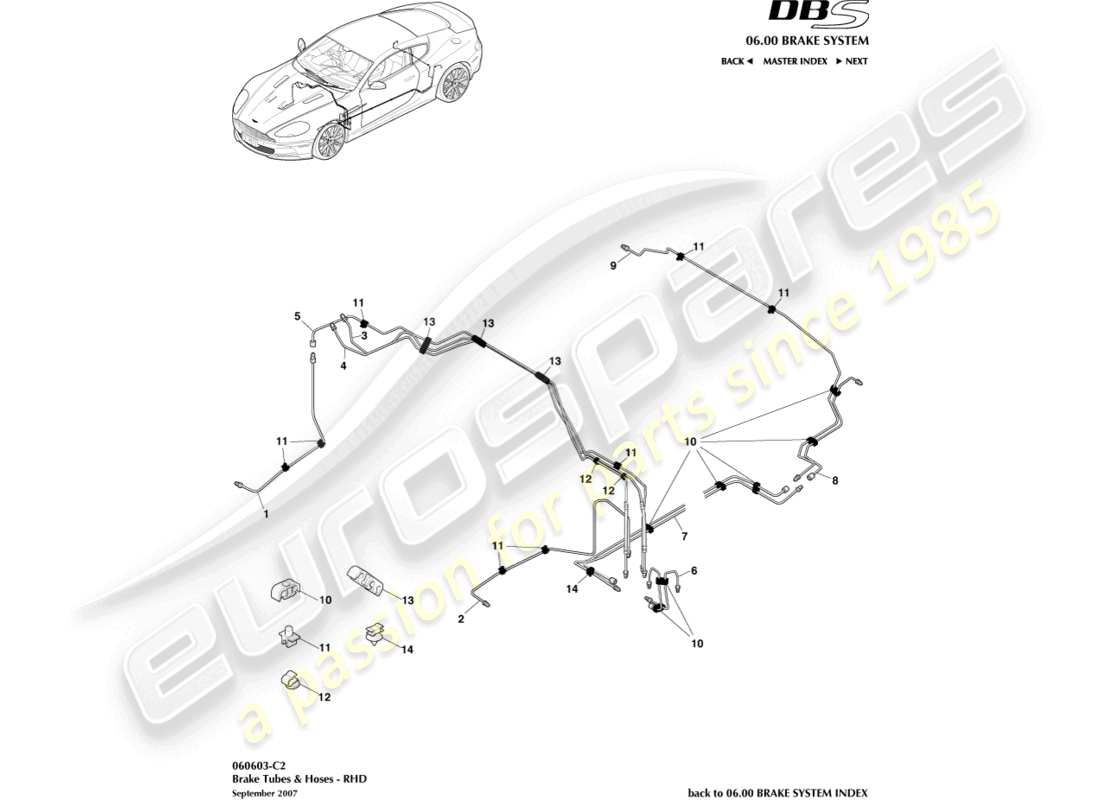 aston martin dbs (2011) bremsleitungen und -schläuche, rhd-ersatzteildiagramm
