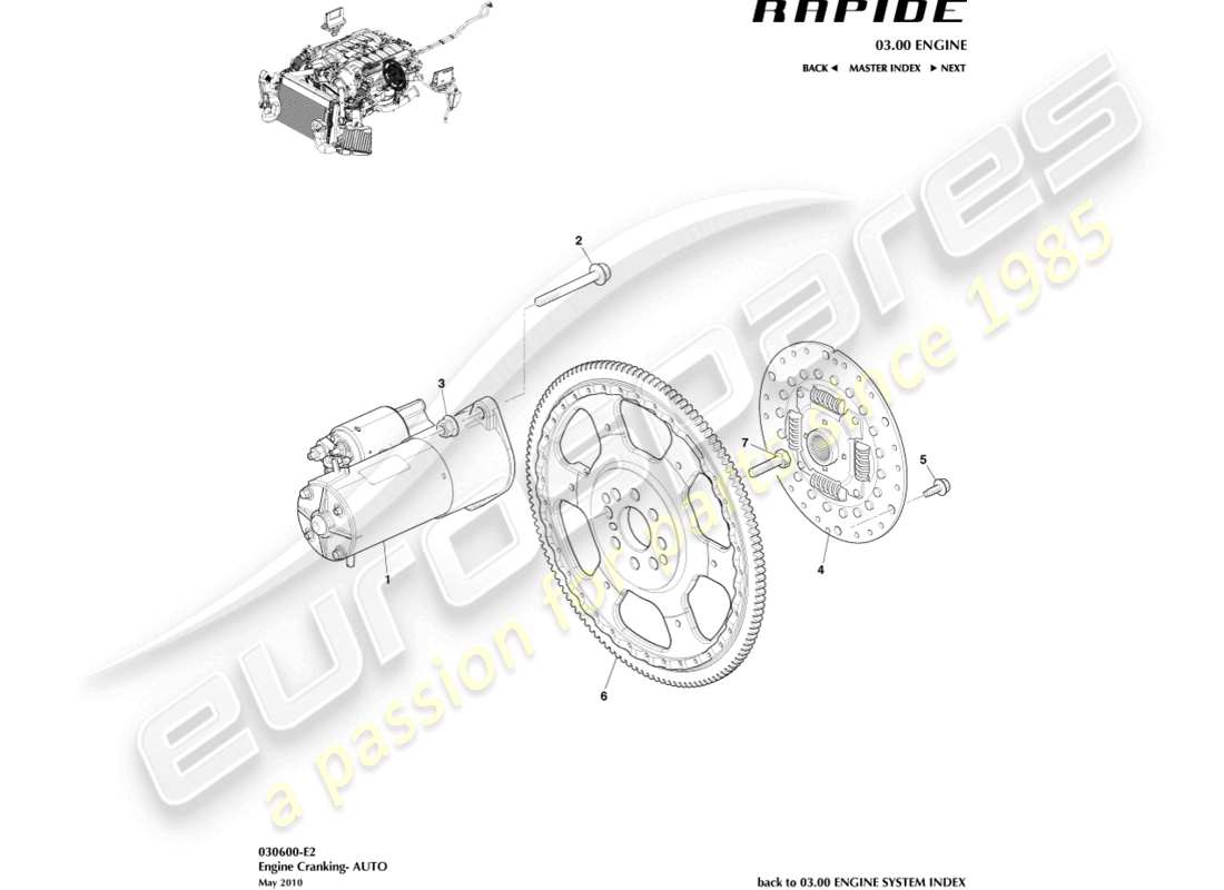 aston martin rapide (2011) motor ankurbeln, autoteildiagramm