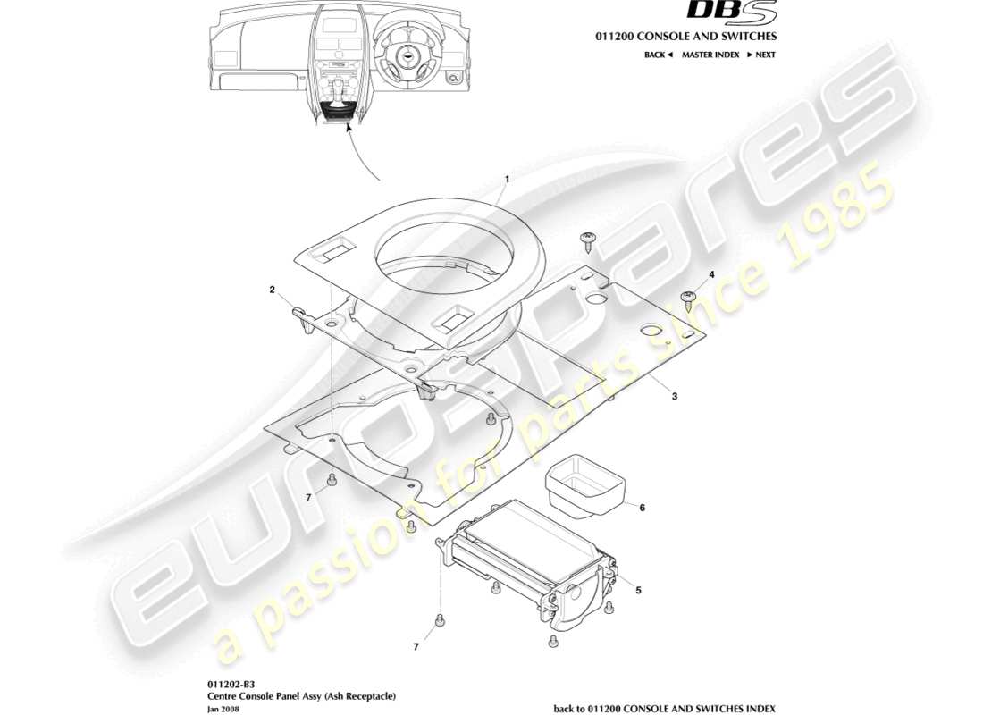 aston martin dbs (2007) mittelkonsole, manuelles ersatzteildiagramm