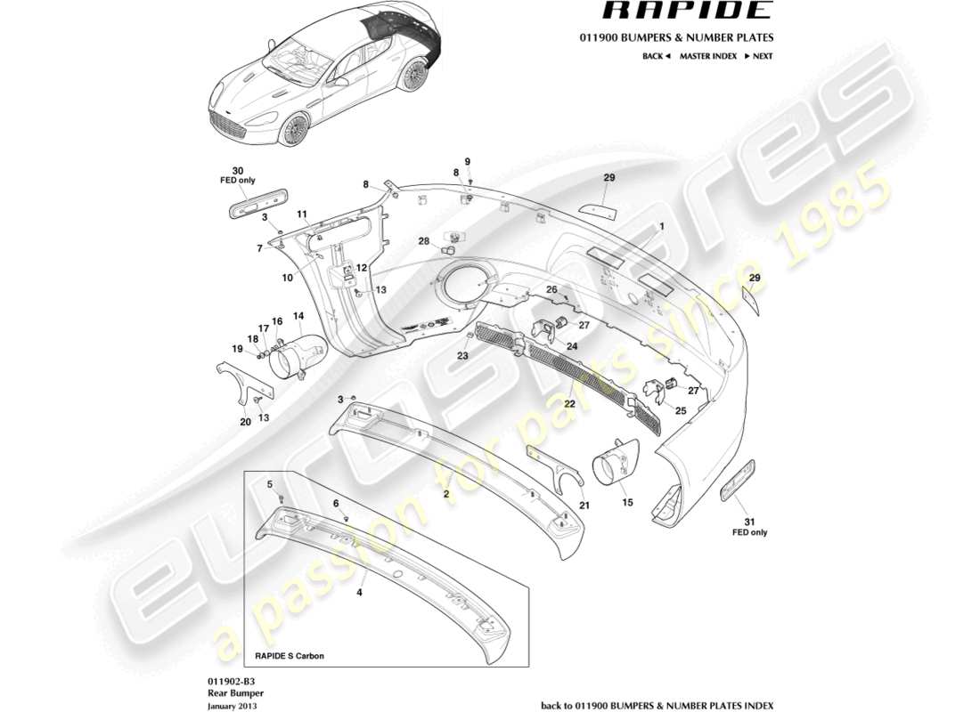 aston martin rapide (2011) hintere stoßstange teilediagramm