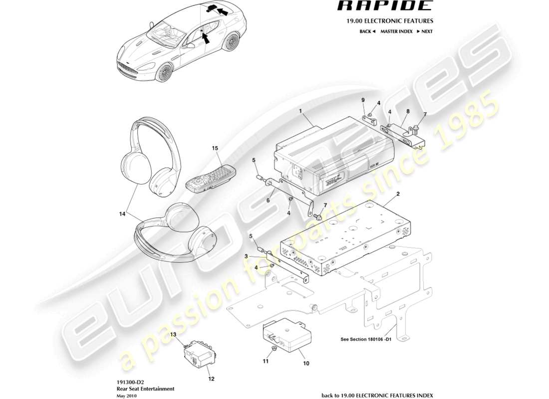 aston martin rapide (2011) teilediagramm für rücksitz-entertainment