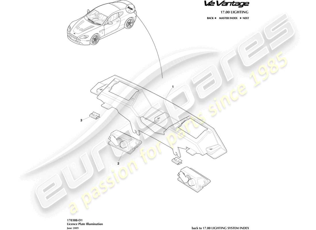 aston martin v12 vantage (2013) teilediagramm für kennzeichenleuchten