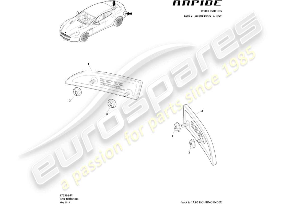 aston martin rapide (2011) teilediagramm für rückreflektoren