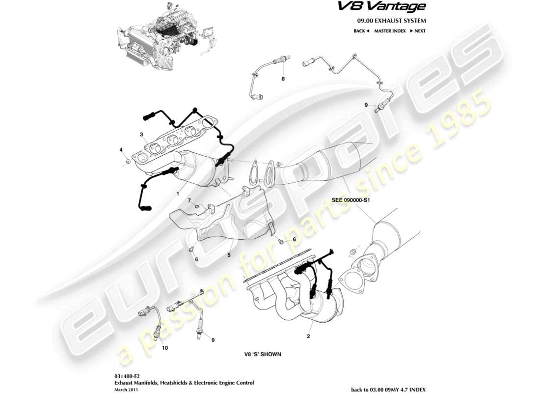 aston martin v8 vantage (2009) auspuffkrümmer ersatzteildiagramm