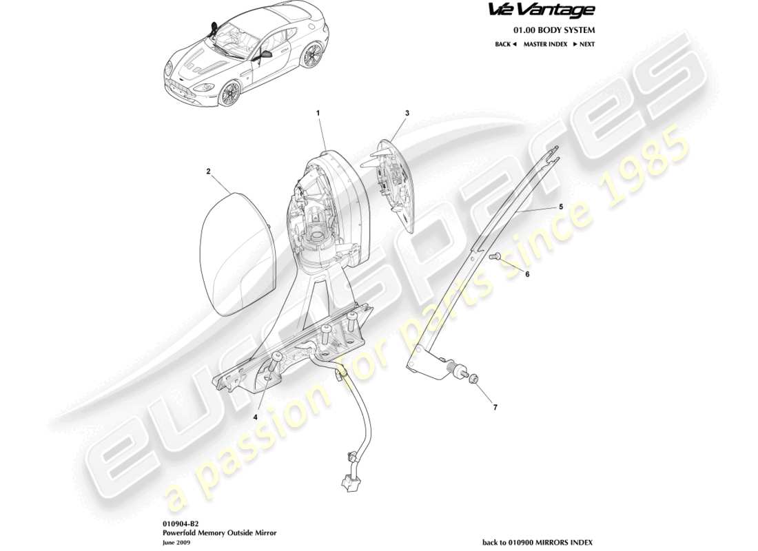 aston martin v12 vantage (2010) teilediagramm für elektrisch einklappbare und memory-spiegel