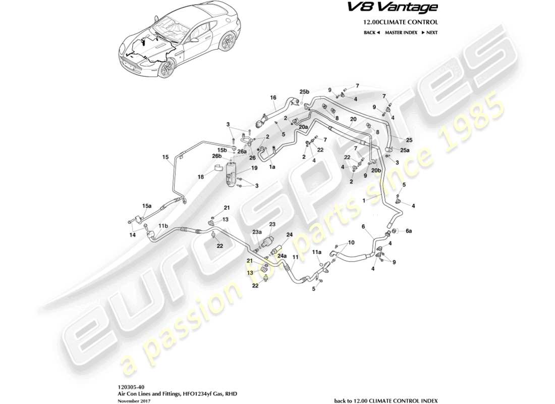 aston martin v8 vantage (2018) klimaanlagenleitungen, hfo1234yf gas, rhd-ersatzteildiagramm