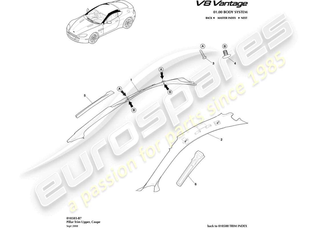 aston martin v8 vantage (2014) säulenverkleidung oben, coupé, ersatzteildiagramm