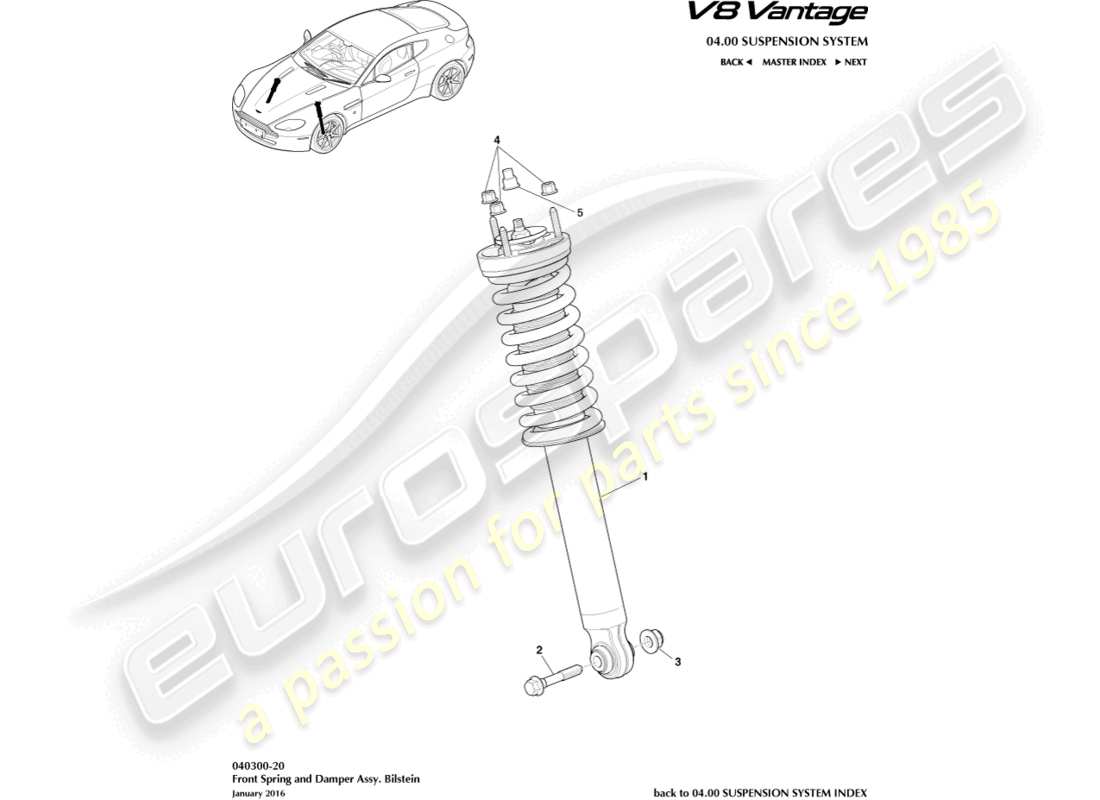 aston martin v8 vantage (2008) vordere feder und dämpfer, bilstein-ersatzteildiagramm