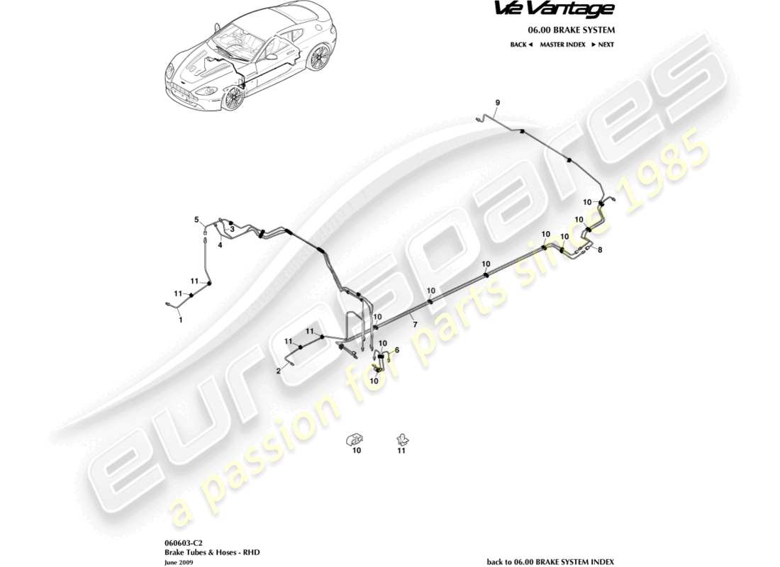 aston martin v12 vantage (2011) bremsleitungen und -schläuche, rhd-ersatzteildiagramm