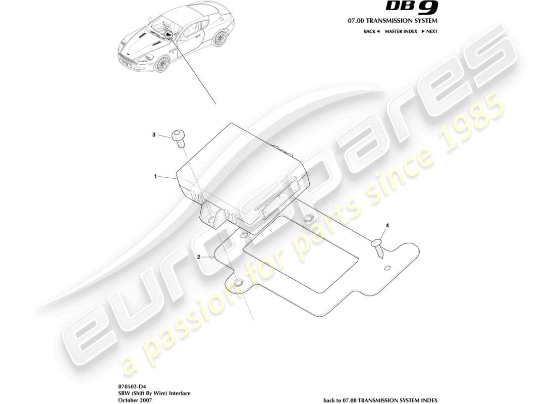 aston martin db9 (2008) teilediagramm der shift by wire-schnittstelle
