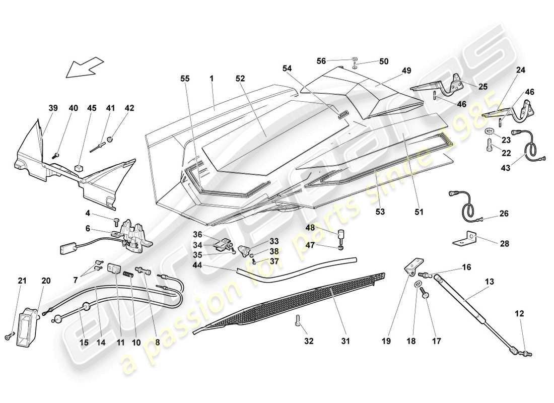 lamborghini lp640 roadster (2009) klappe für motorabdeckung transparent ersatzteildiagramm