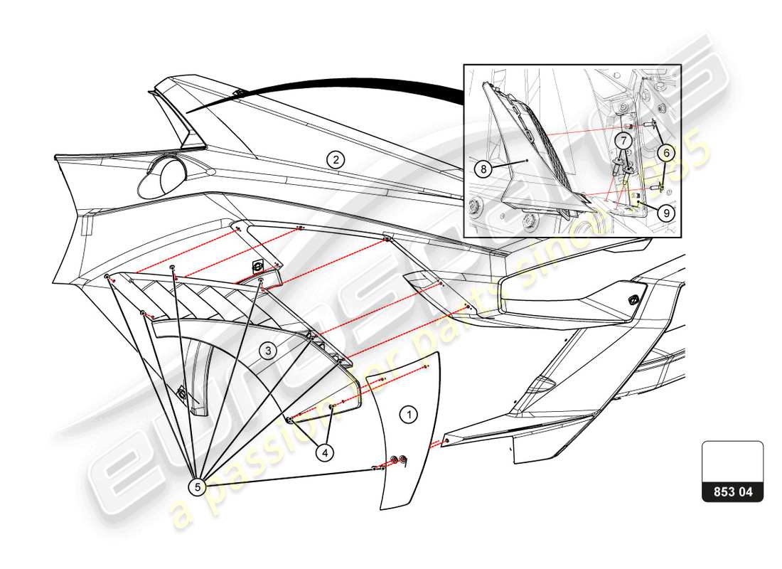 lamborghini super trofeo evo 2 (2022) teilediagramm des hinteren kotflügels