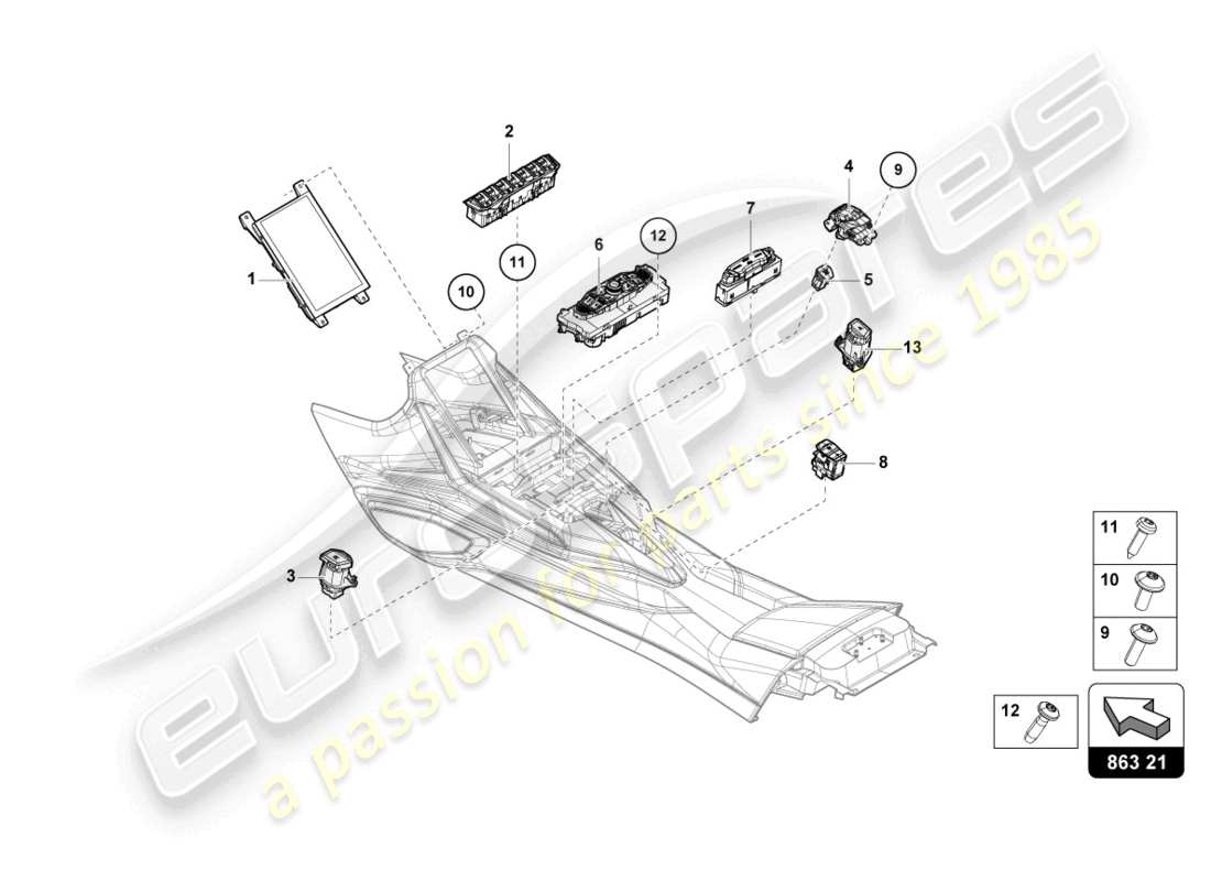 lamborghini sian roadster (2021) schalteinheit tunnel ersatzteildiagramm