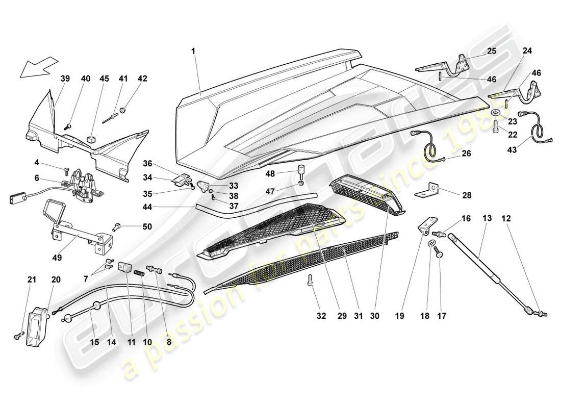 lamborghini lp640 roadster (2010) klappe für motorabdeckung ersatzteildiagramm