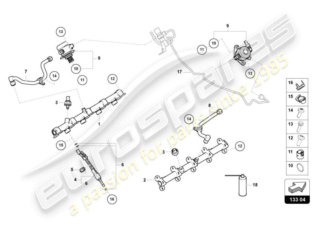 lamborghini urus performante (2024) kraftstoffinjektor mit injektorschienen ersatzteildiagramm