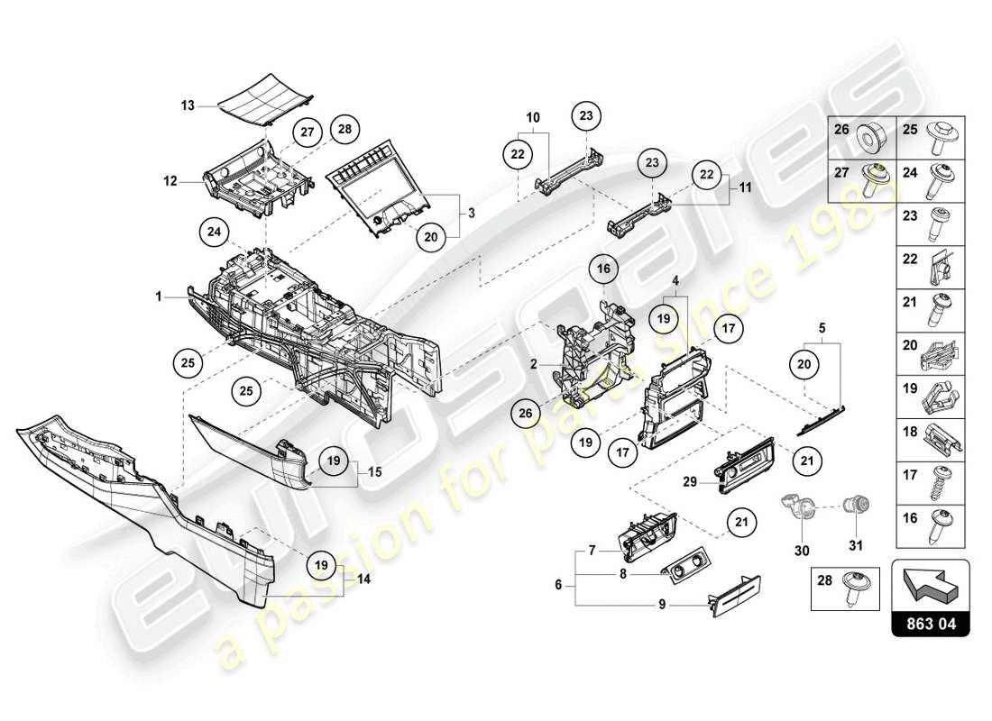 lamborghini urus s (2023) mittelkonsole unten ersatzteildiagramm
