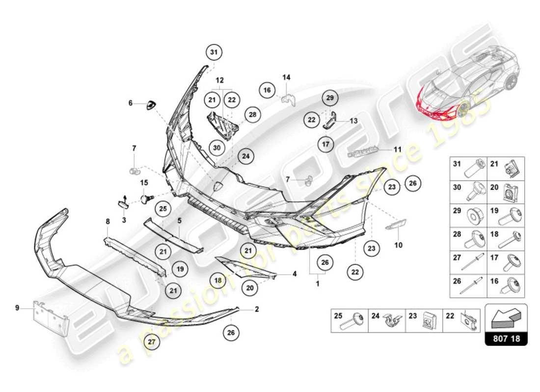 lamborghini tecnica (2023) stoßstange vorne, ersatzteildiagramm