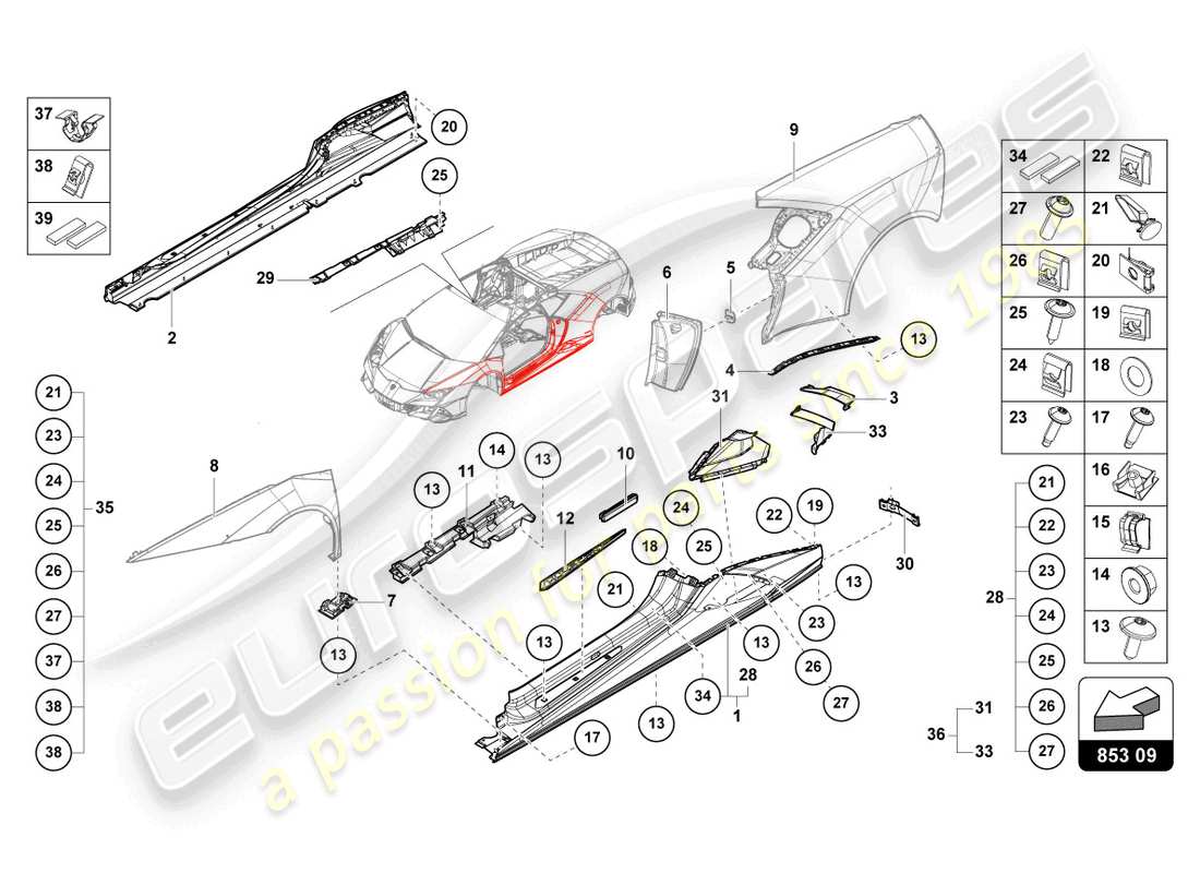 lamborghini evo spyder 2wd (2022) unteres äußeres seitenteil für radkasten ersatzteildiagramm