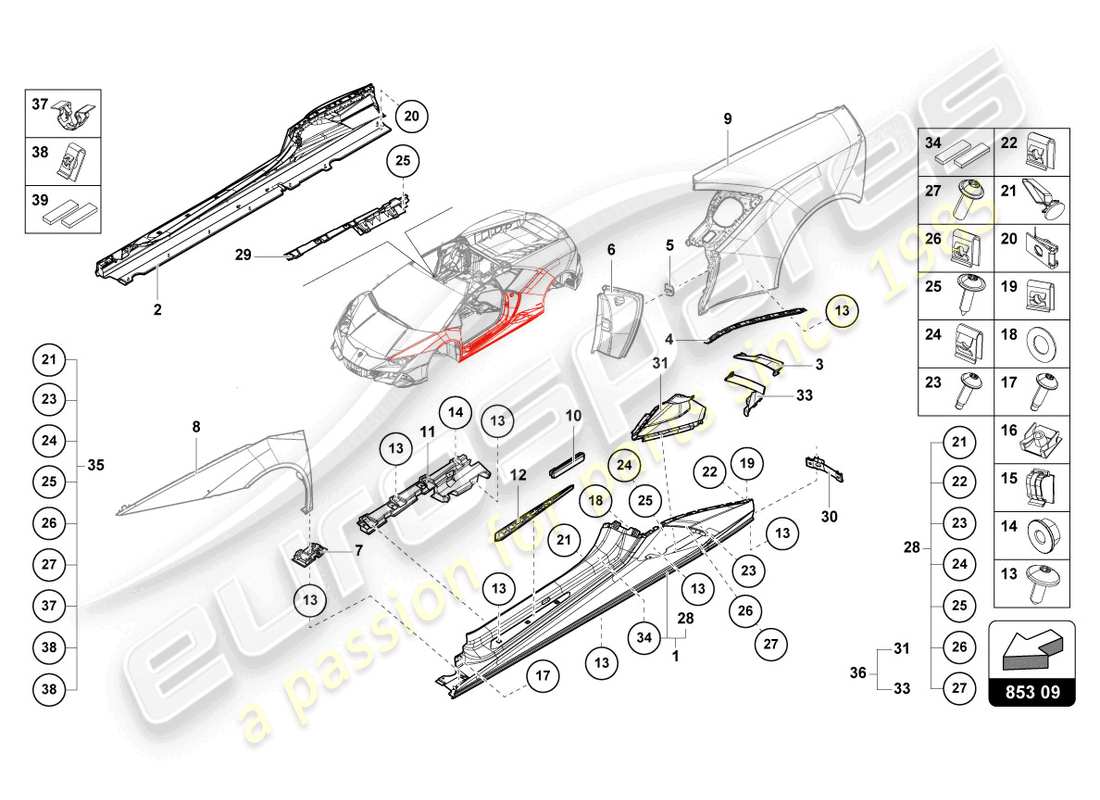 lamborghini evo coupe (2022) unteres äußeres seitenteil für radkasten ersatzteildiagramm