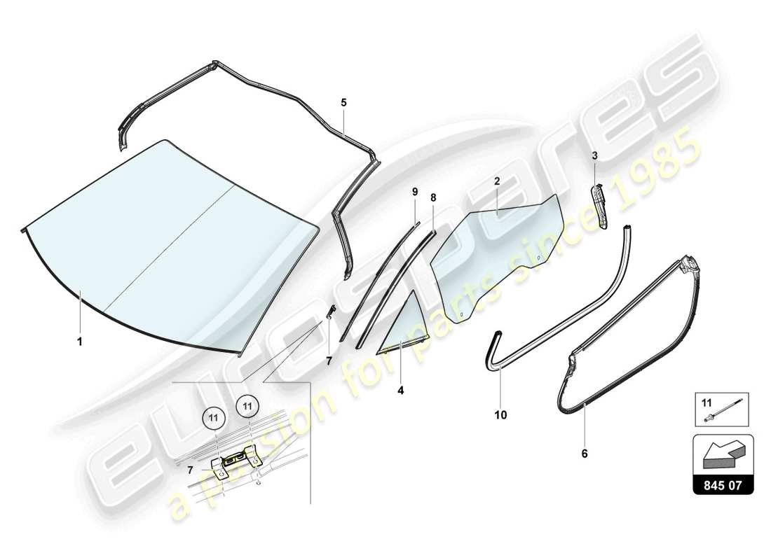 lamborghini sian roadster (2021) fenstergläser ersatzteildiagramm