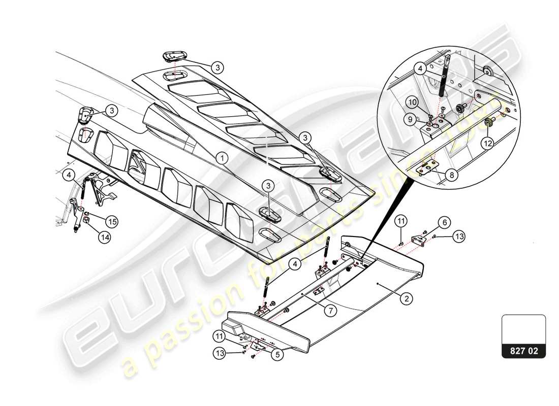 lamborghini super trofeo evo 2 (2022) teilediagramm der hinteren motorhaube