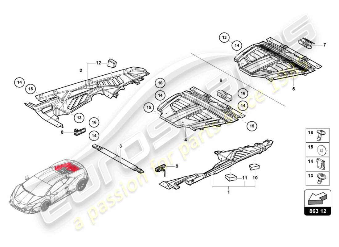 lamborghini evo coupe (2022) motorabdeckung ersatzteildiagramm