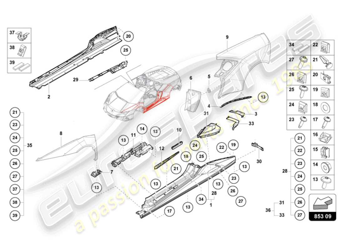 lamborghini evo spyder (2024) unteres äußeres seitenteil für radkasten ersatzteildiagramm