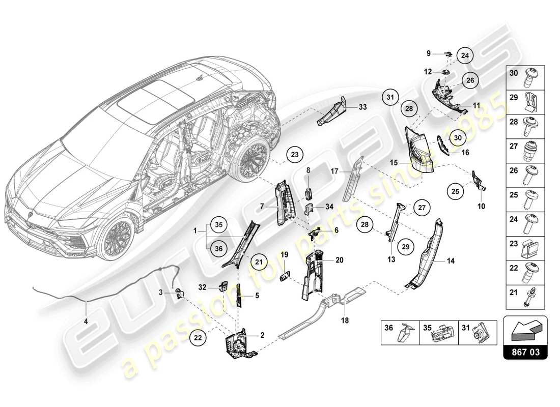 lamborghini urus s (2024) säulenverkleidung ersatzteildiagramm