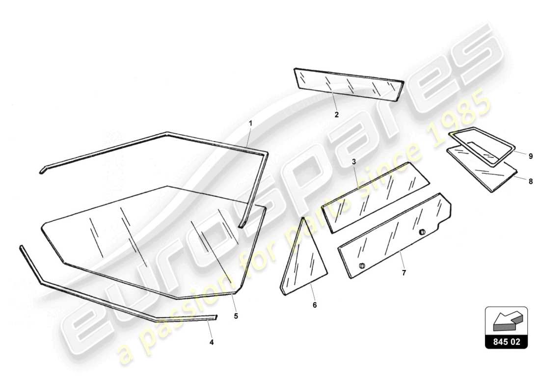 lamborghini countach 25th anniversary (1989) windschutzscheiben und türscheiben ersatzteildiagramm