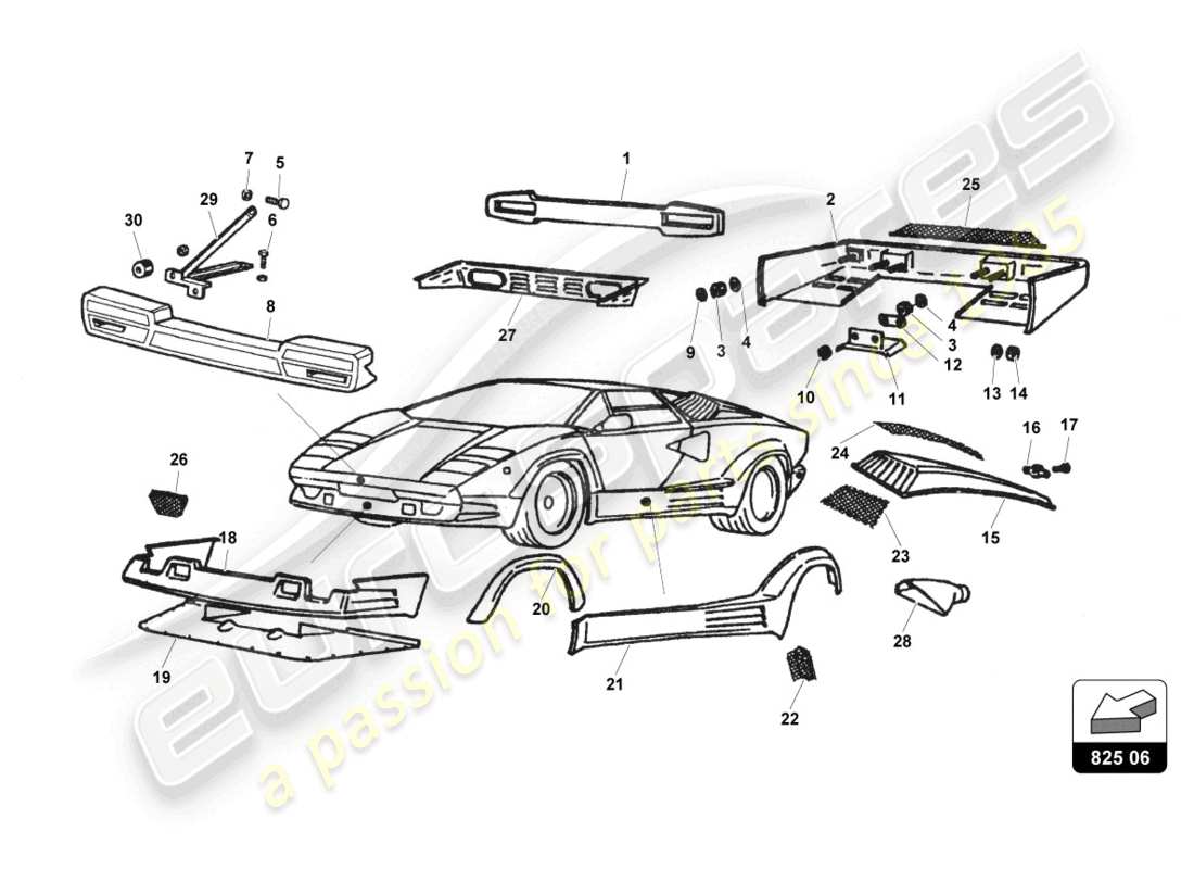 lamborghini countach 25th anniversary (1989) außenverkleidung - ersatzteildiagramm