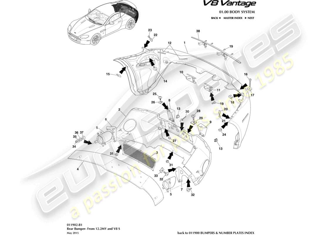 aston martin v8 vantage (2009) heckstoßstange, 12.25my an & v8s ersatzteildiagramm
