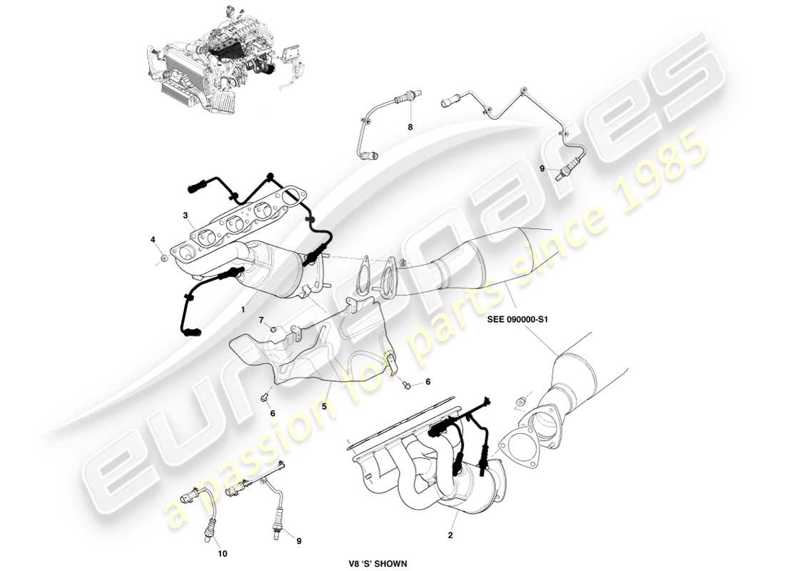 aston martin v8 vantage (2007) auspuffkrümmer ersatzteildiagramm