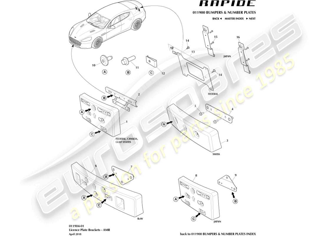 aston martin rapide (2011) nummernschildsockel, amr-teilediagramm