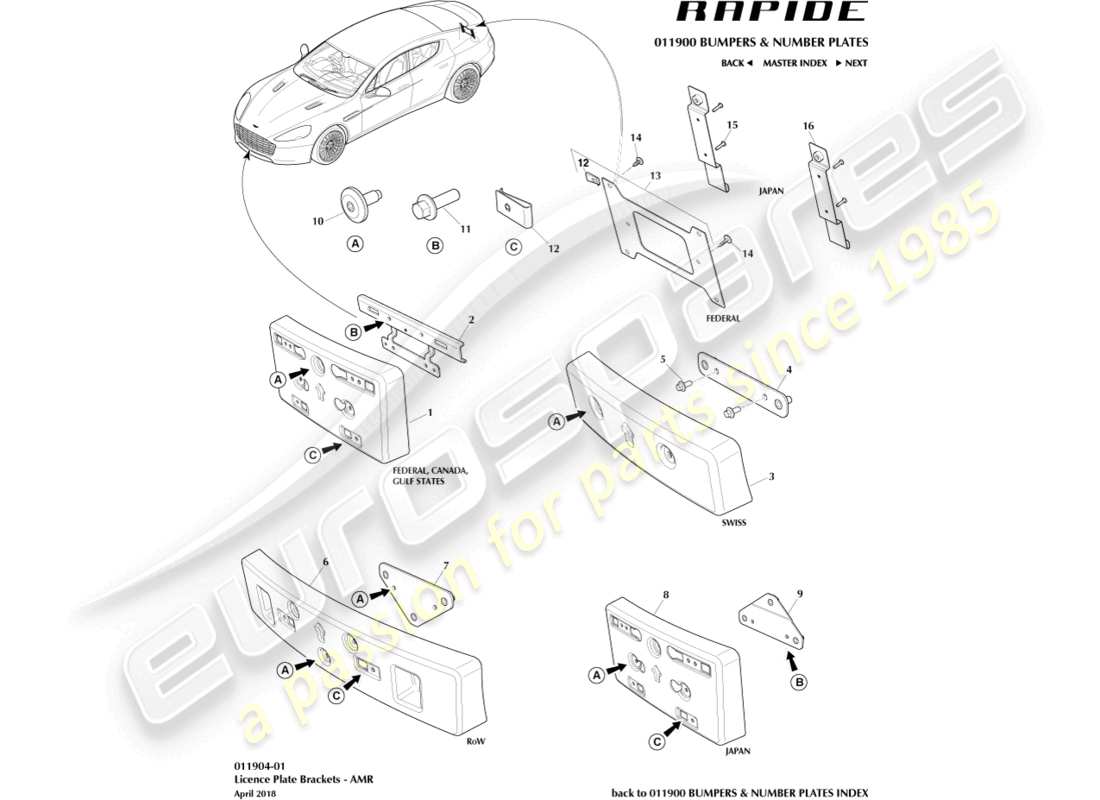 aston martin rapide (2014) nummernschildsockel, amr-teilediagramm