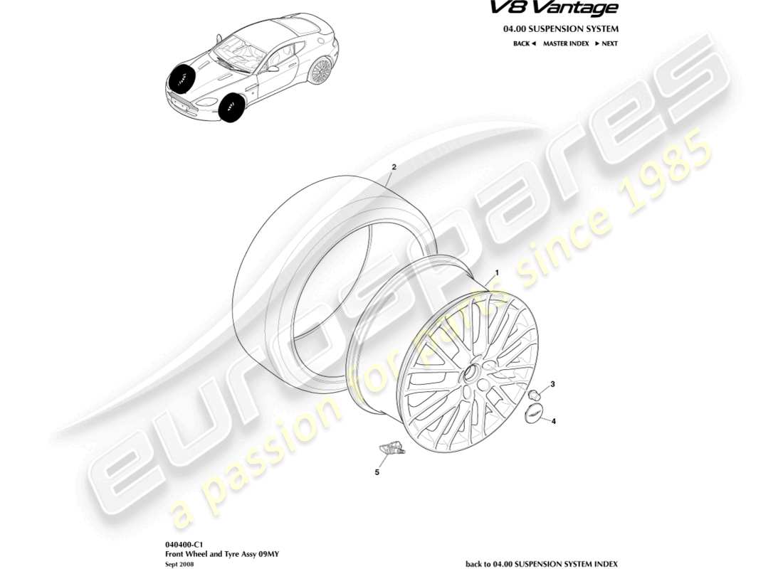 aston martin v8 vantage (2012) vorderräder und reifen, 09my bis 12.25my ersatzteildiagramm
