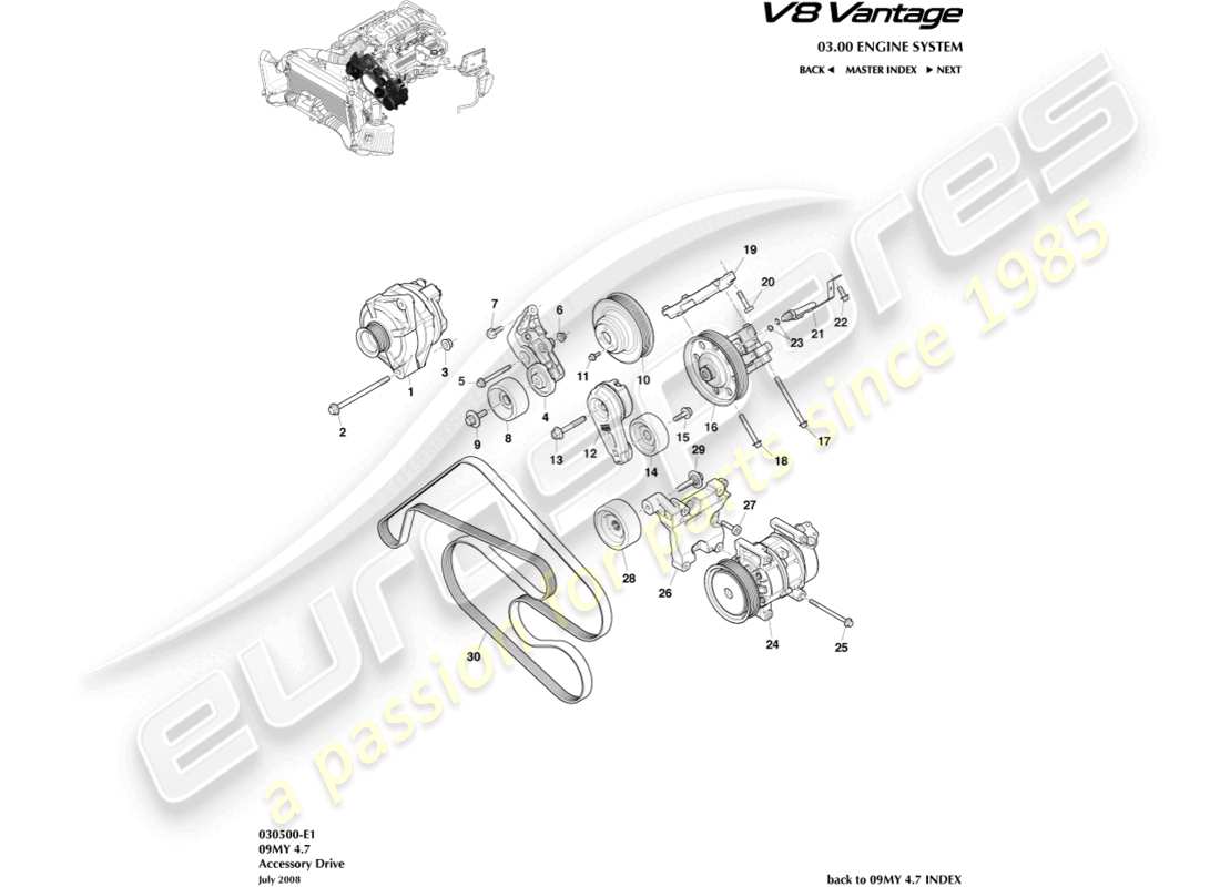aston martin v8 vantage (2008) teilediagramm für zusatzantrieb