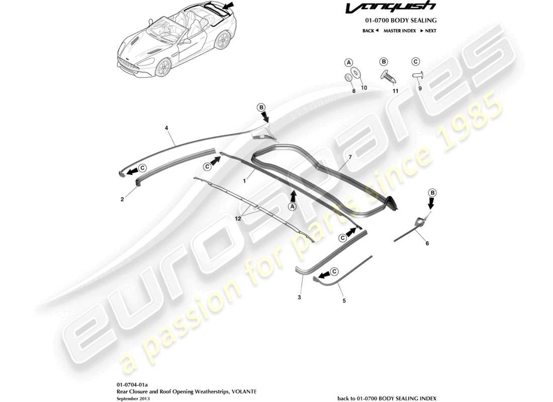 aston martin vanquish (2018) dichtungsstreifen für den hinteren verschluss, volante teilediagramm
