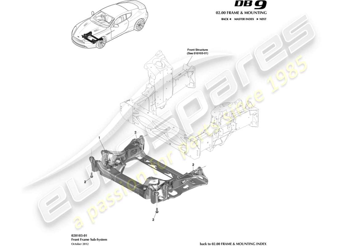 aston martin db9 (2014) teilediagramm des vorderen hilfsrahmens
