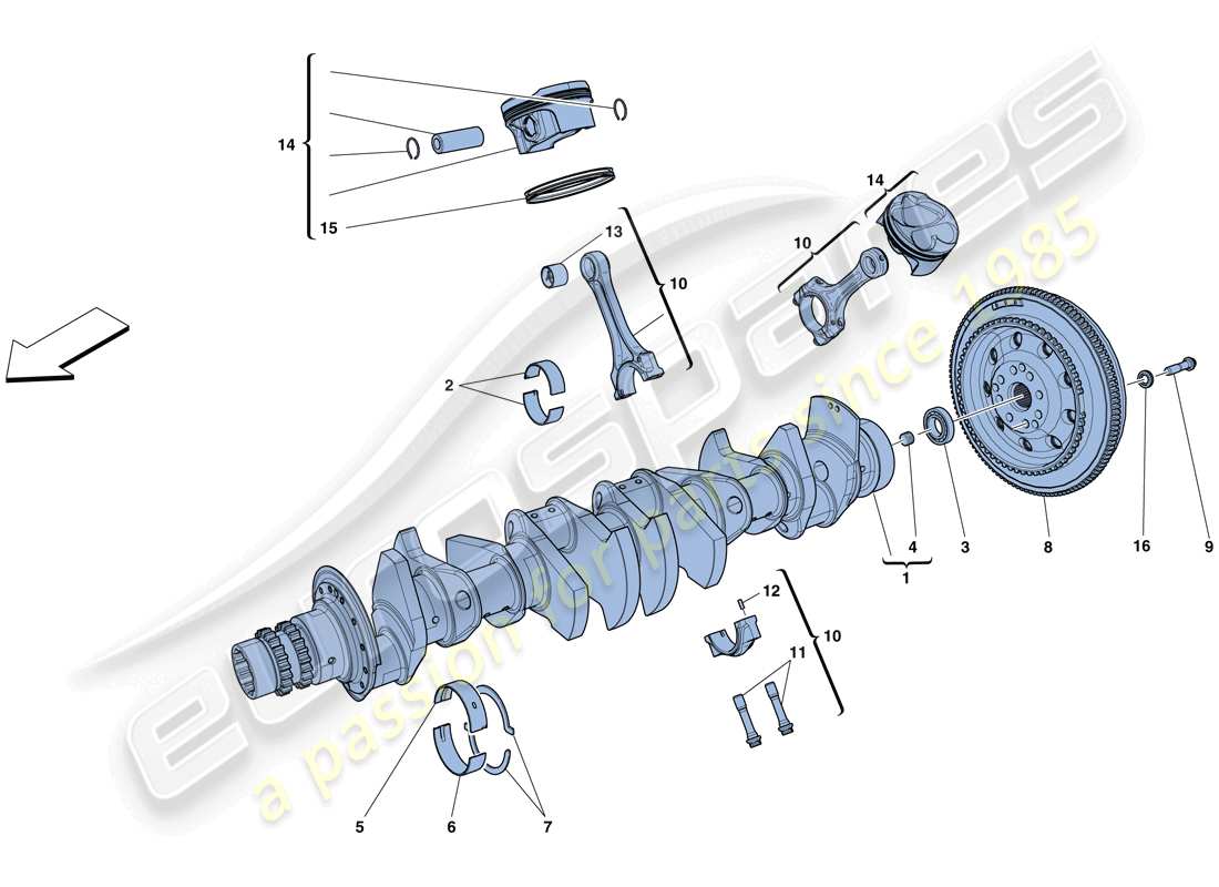 ferrari gtc4 lusso (rhd) kurbelwelle - pleuelstangen und kolben - teilediagramm
