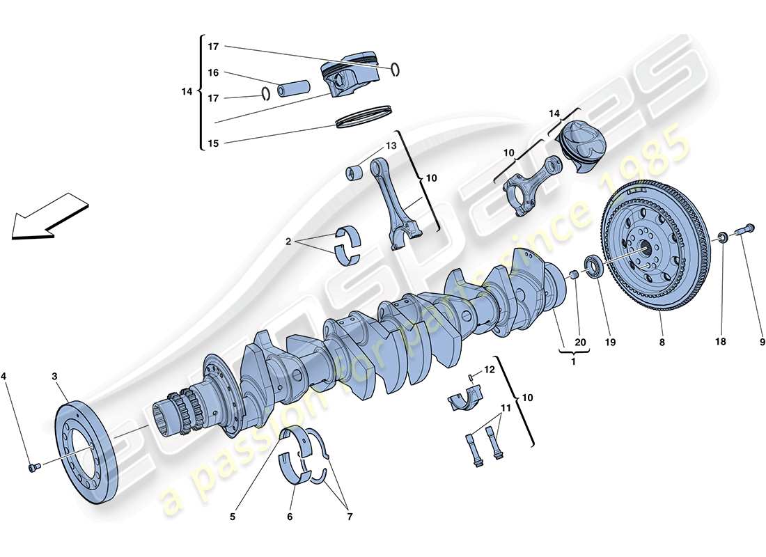 ferrari ff (rhd) kurbelwelle - pleuelstangen und kolben - teilediagramm