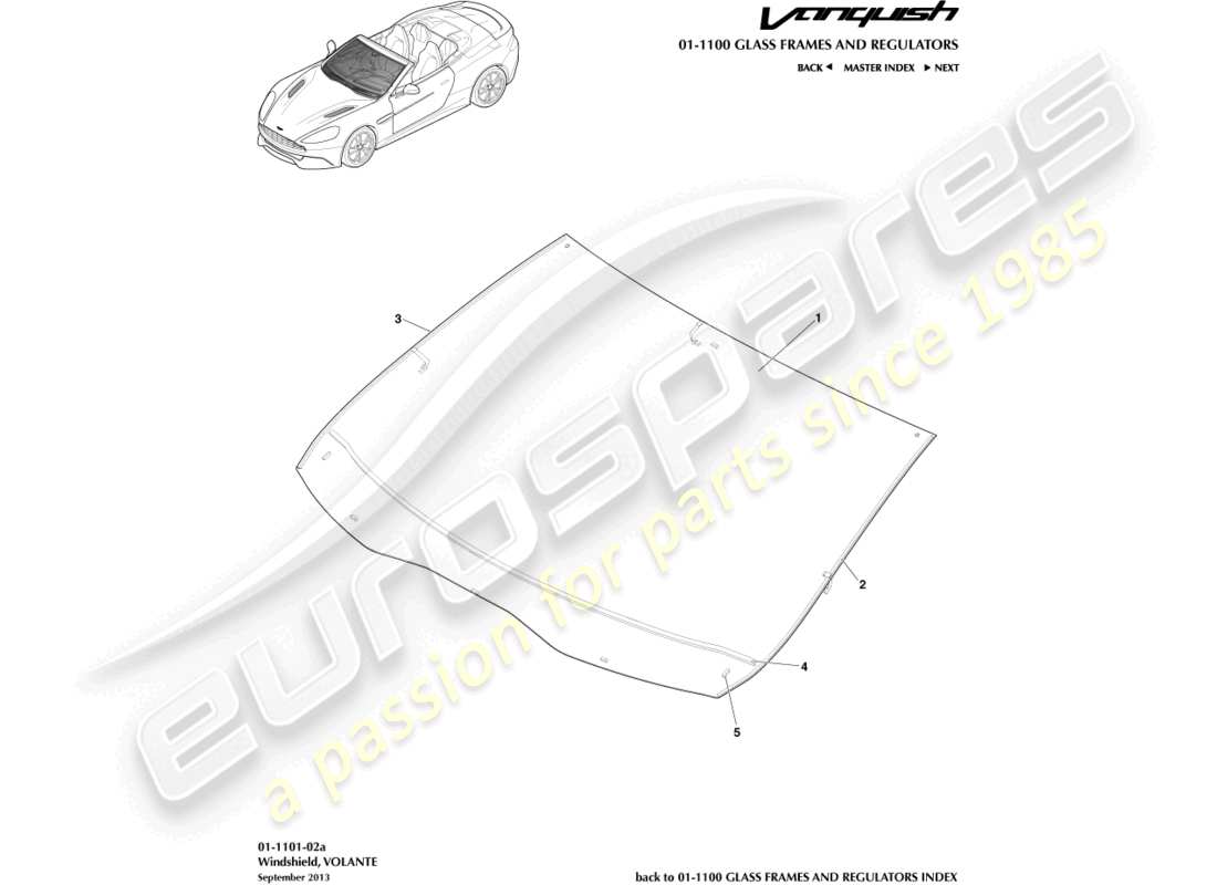 aston martin vanquish (2018) windschutzscheibe, volante teilediagramm