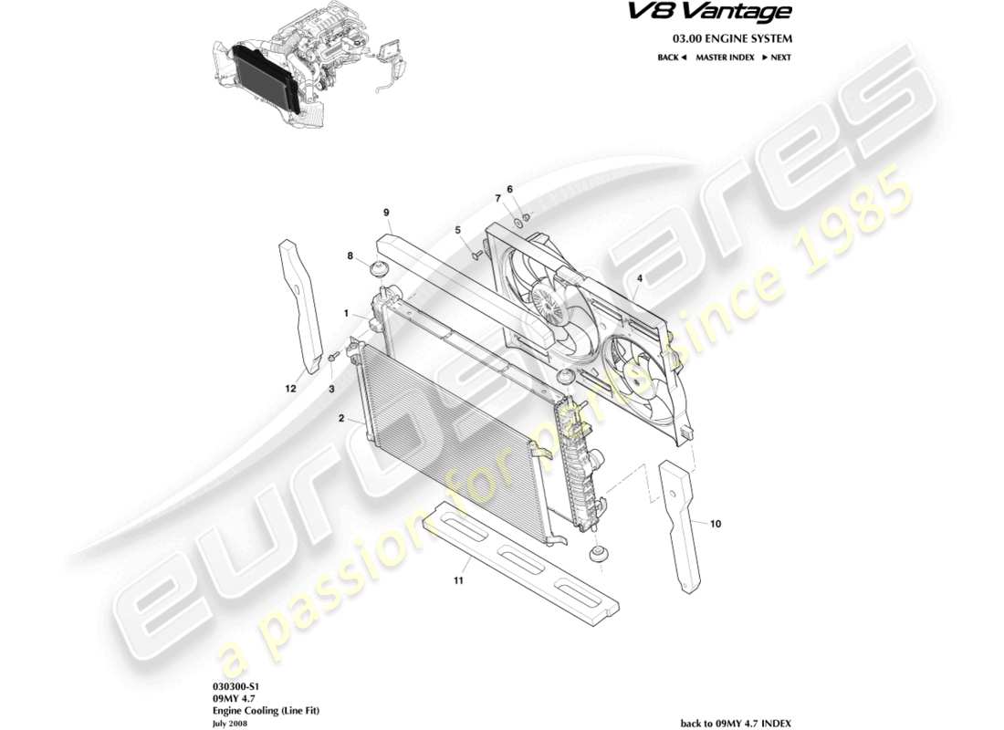 aston martin v8 vantage (2009) teilediagramm für motorkühlung (leitungsanpassung)