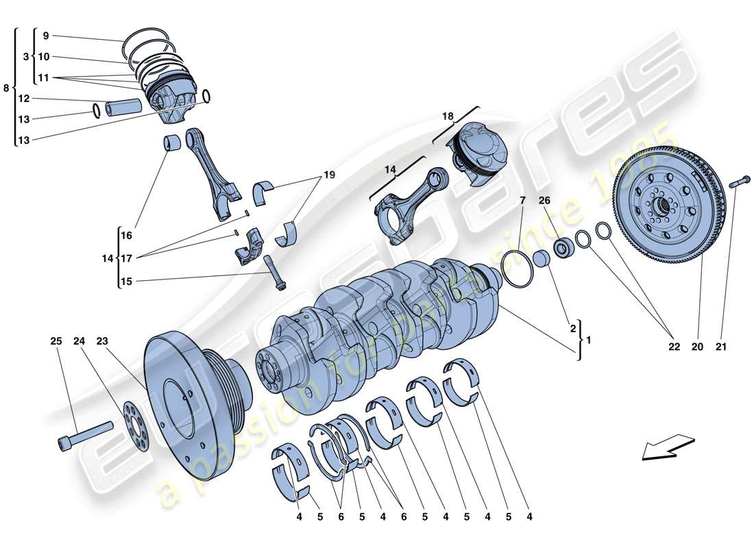 ferrari california t (rhd) teilediagramm für kurbelwelle, pleuelstangen und kolben