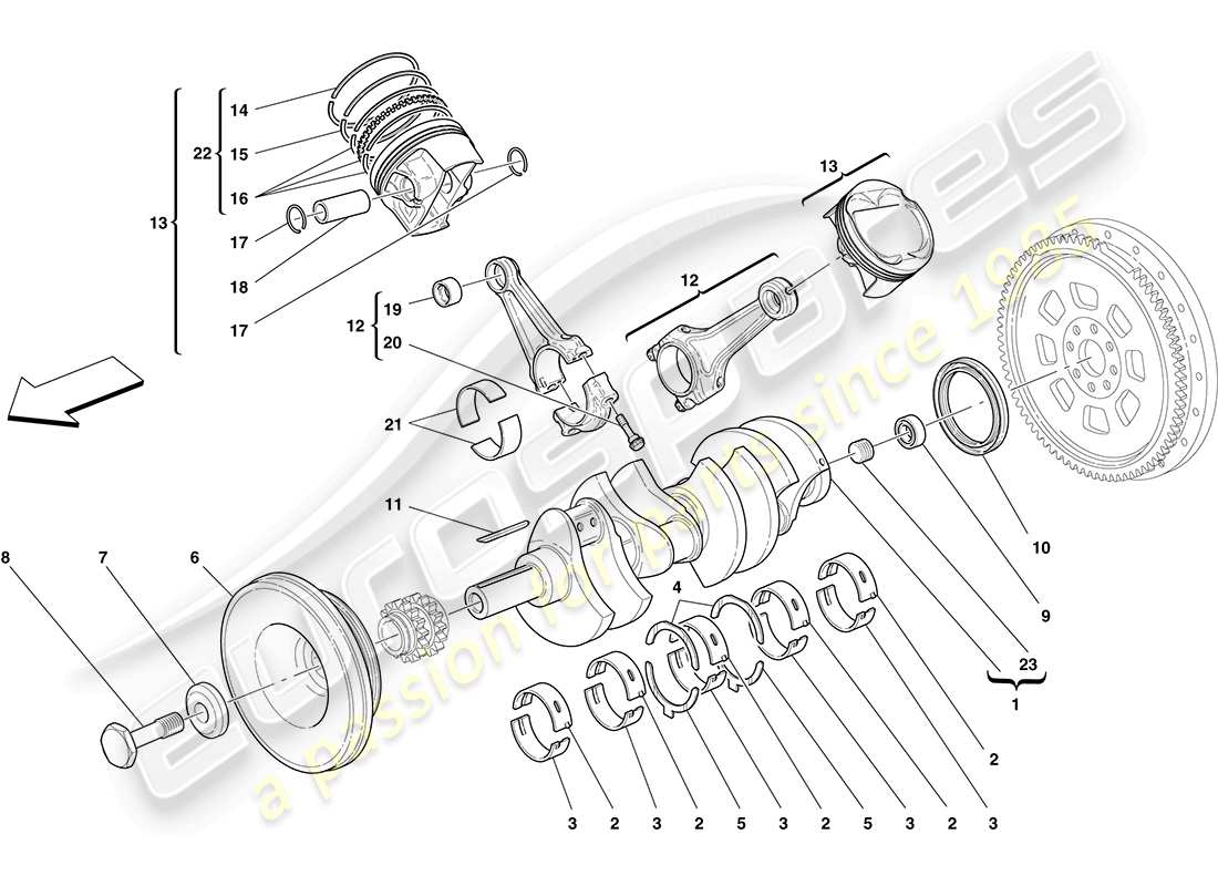 ferrari f430 coupe (rhd) kurbelwelle - pleuelstangen und kolben - teilediagramm