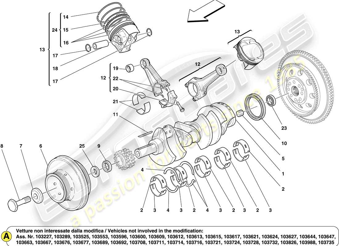 ferrari california (europe) teilediagramm für kurbelwelle, pleuelstangen und kolben