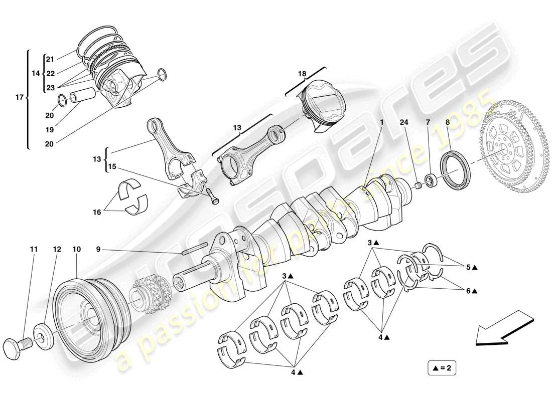ferrari 599 gtb fiorano (europe) kurbelwelle - pleuelstangen und kolben - teilediagramm