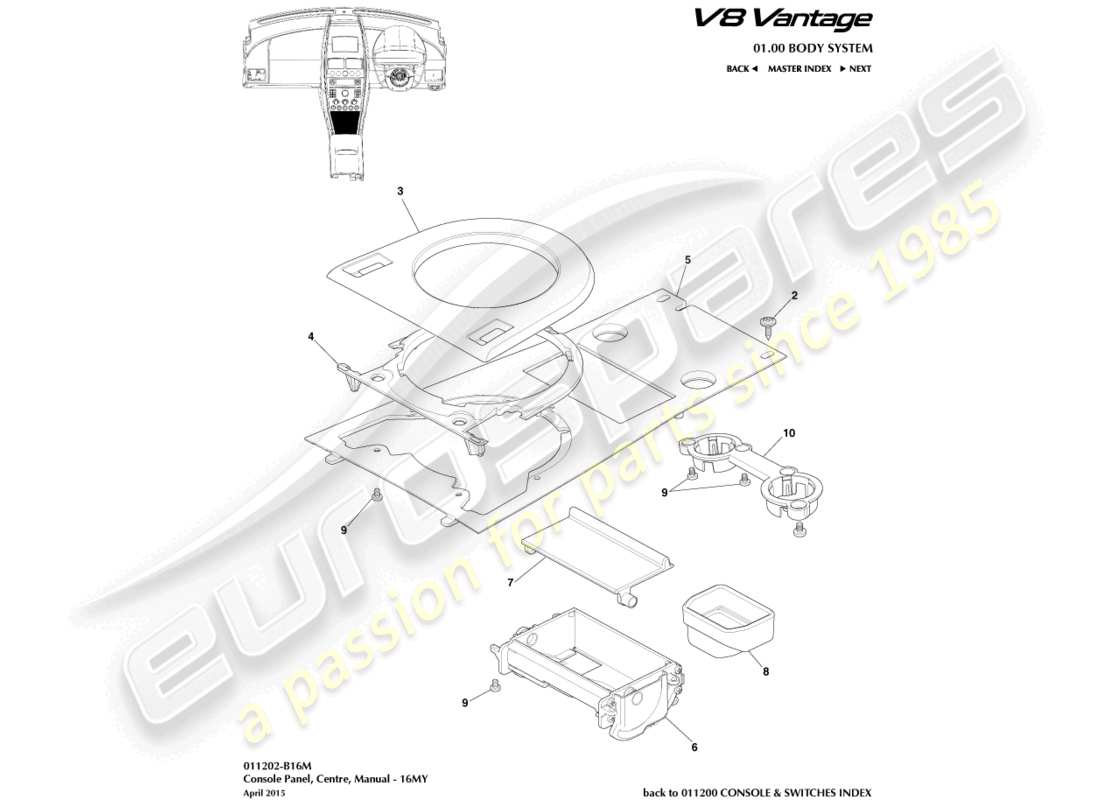 aston martin v8 vantage (2018) frontkonsole, handbuch, 16my teilediagramm