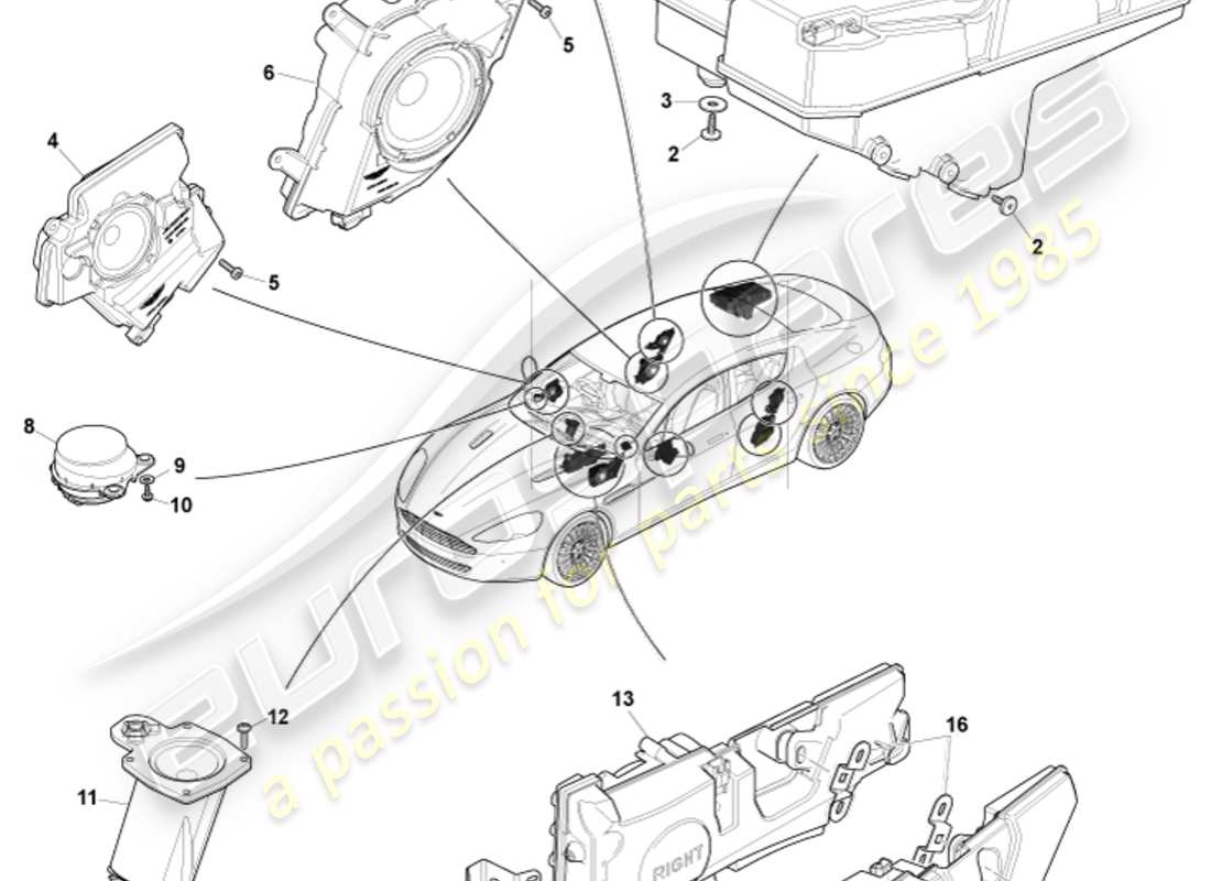 aston martin rapide (2011) lautsprecher, b&o-teilediagramm