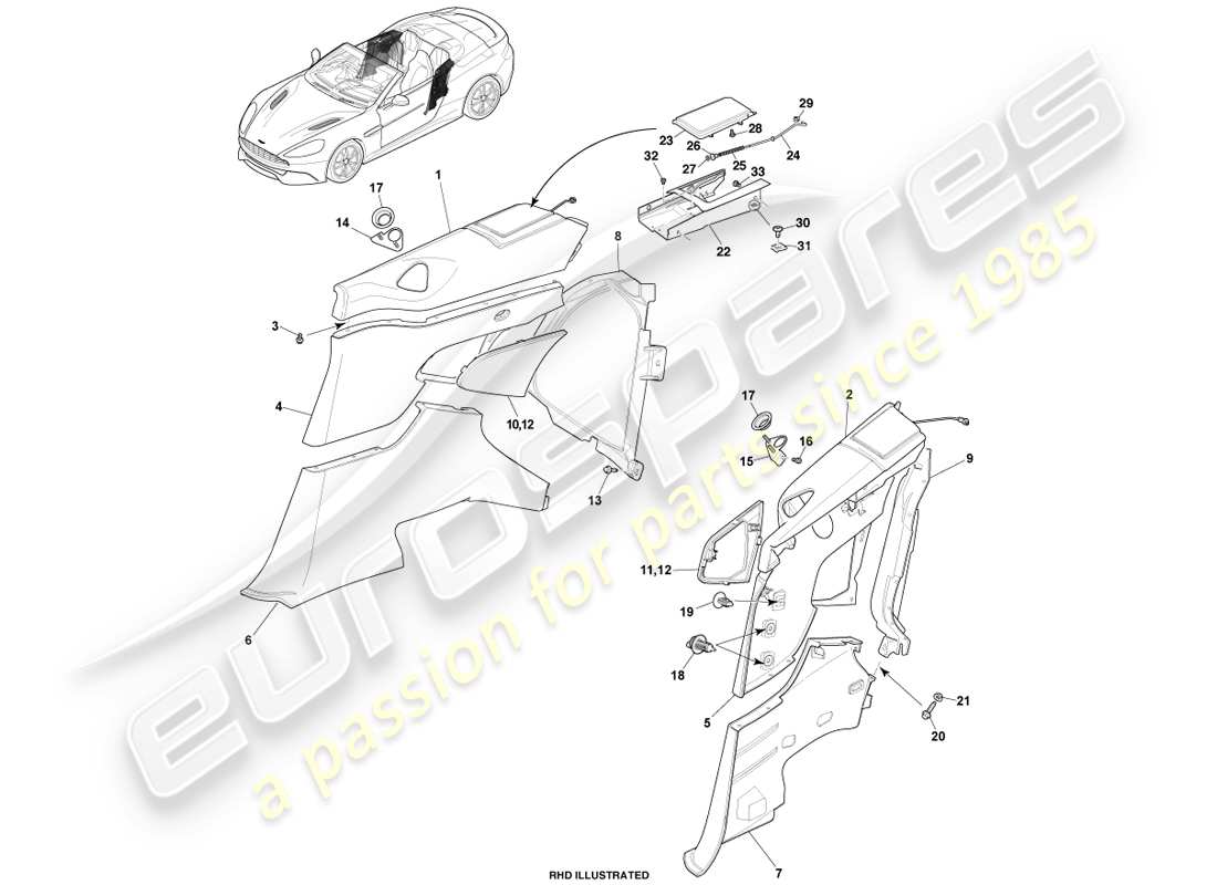 aston martin vanquish (2014) hintere seitenverkleidung, volante-ersatzteildiagramm